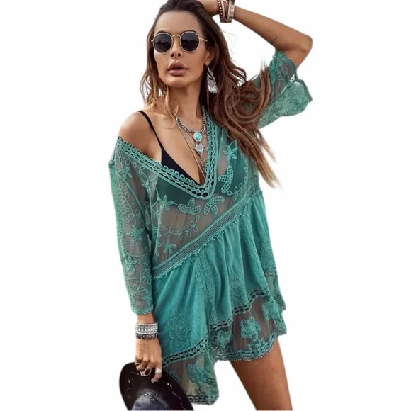 Green Lace Swim Cover-Up Tunic New Without Tags - Picture 3 of 4